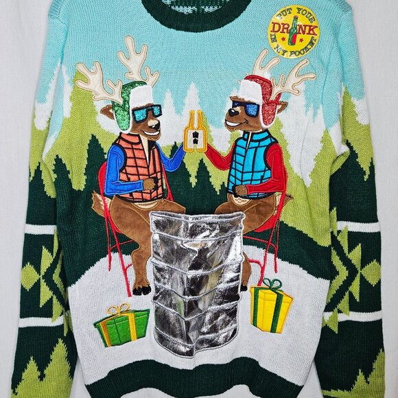 Blizzard Bay Men's Campfire Reindeer Ugly Christmas Sweater Drink Pocket Small - Picture 1 of 7